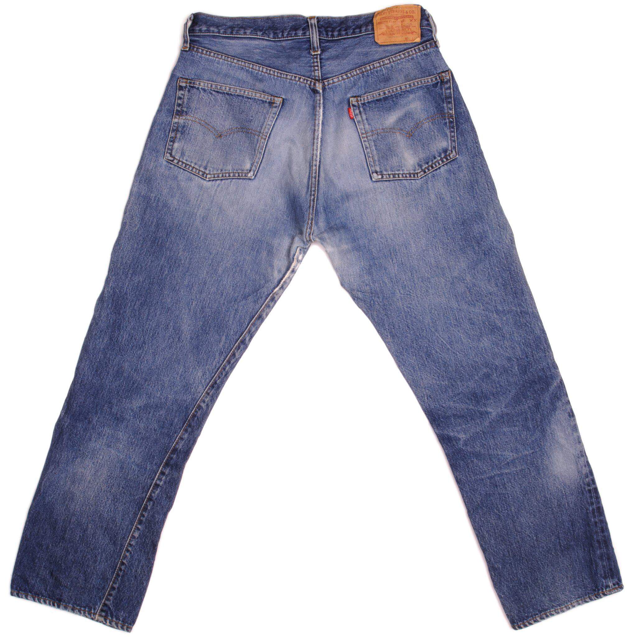 Beautiful Indigo Levis 501 Jeans 1970-1985 Made in USA with a medium blue wash and a nice contrast of light and medium blue. Size 35x29 Back Button #6