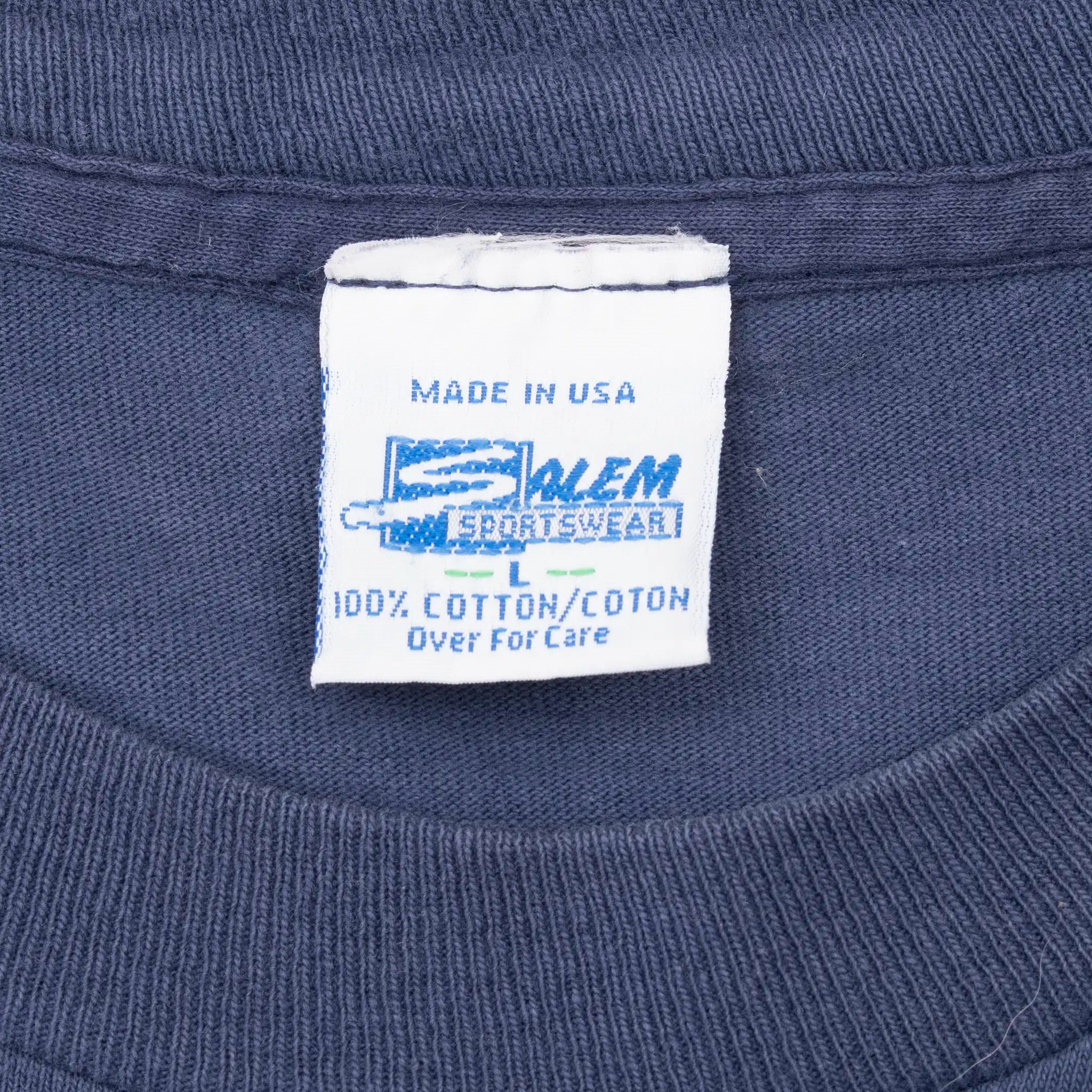 Salem Sportswear neck tag marked size L, made in USA and 100% cotton