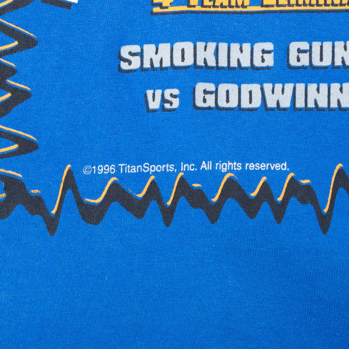 Close-up of 1996 TitanSports copyright text on back print