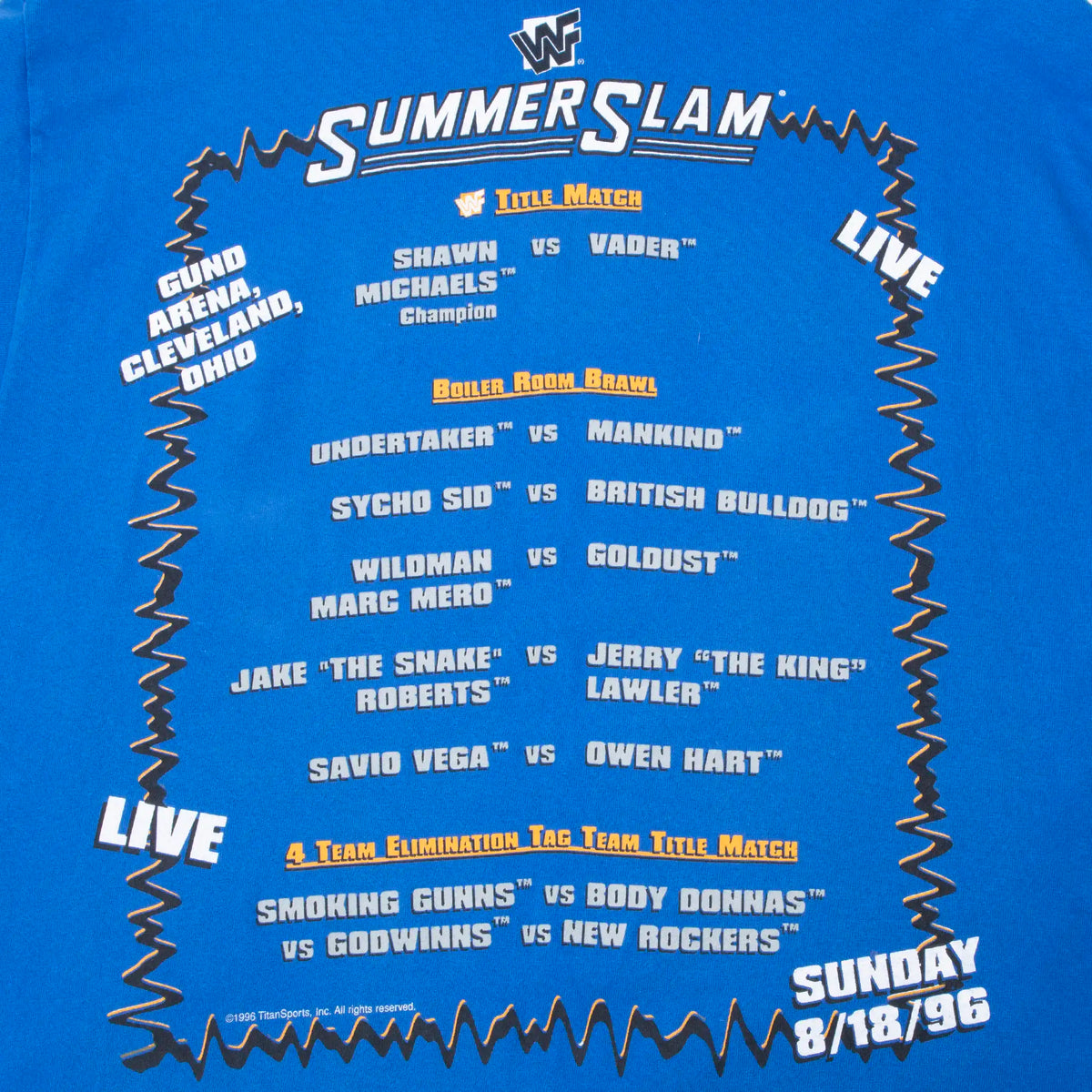 Close-up of WWF SummerSlam match card print on back of blue T-shirt