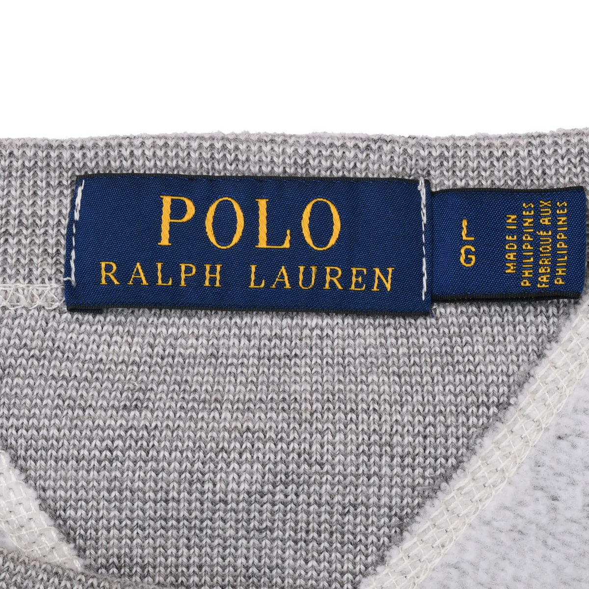 Polo Ralph Lauren neck label and large size tag inside grey sweatshirt