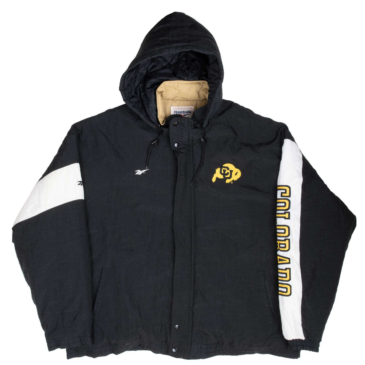 Full front view of black Reebok Colorado Buffaloes hooded puffer jacket