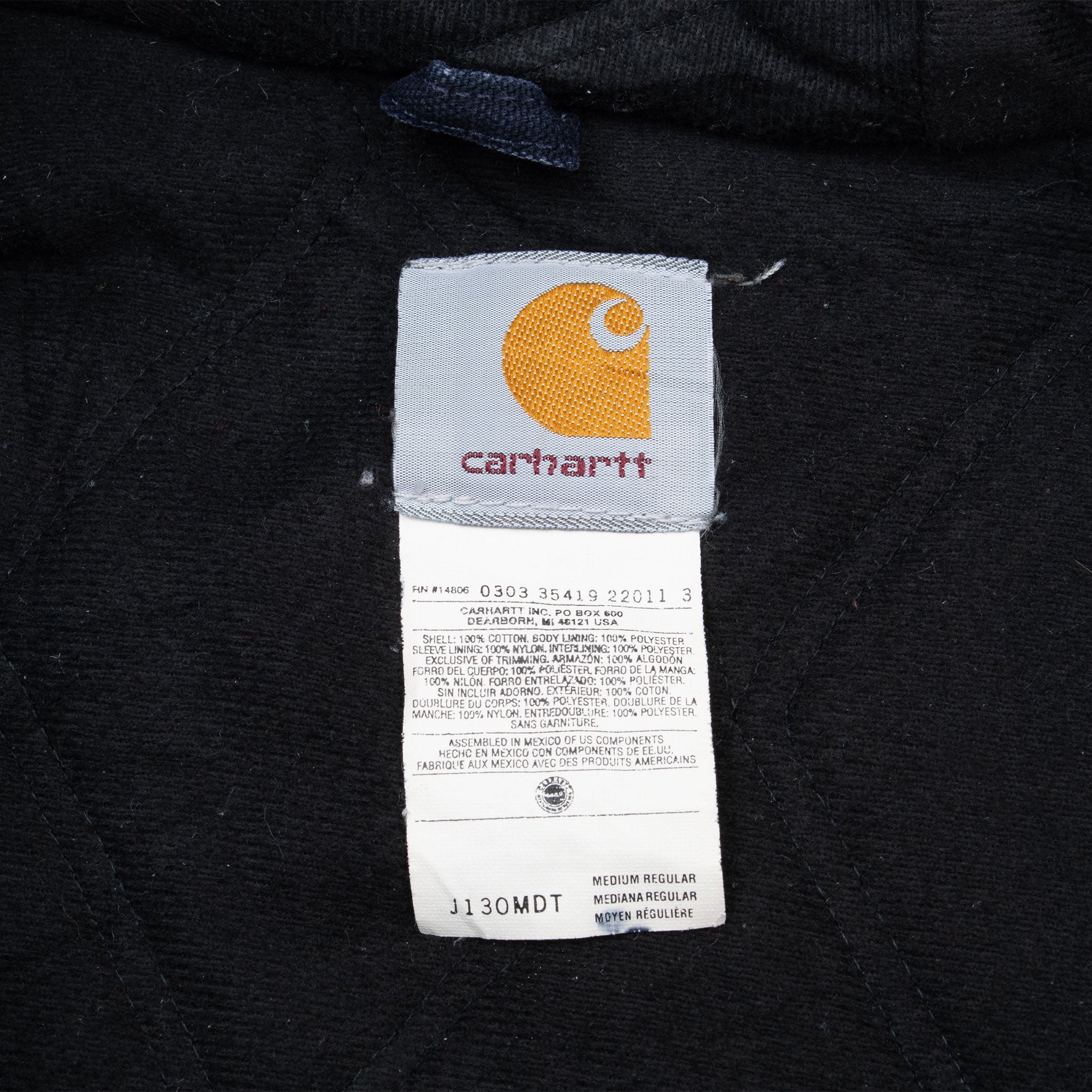 Vintage Carhartt Navy Blue Hooded Active Jacket J130MDT 1990S Size Medium