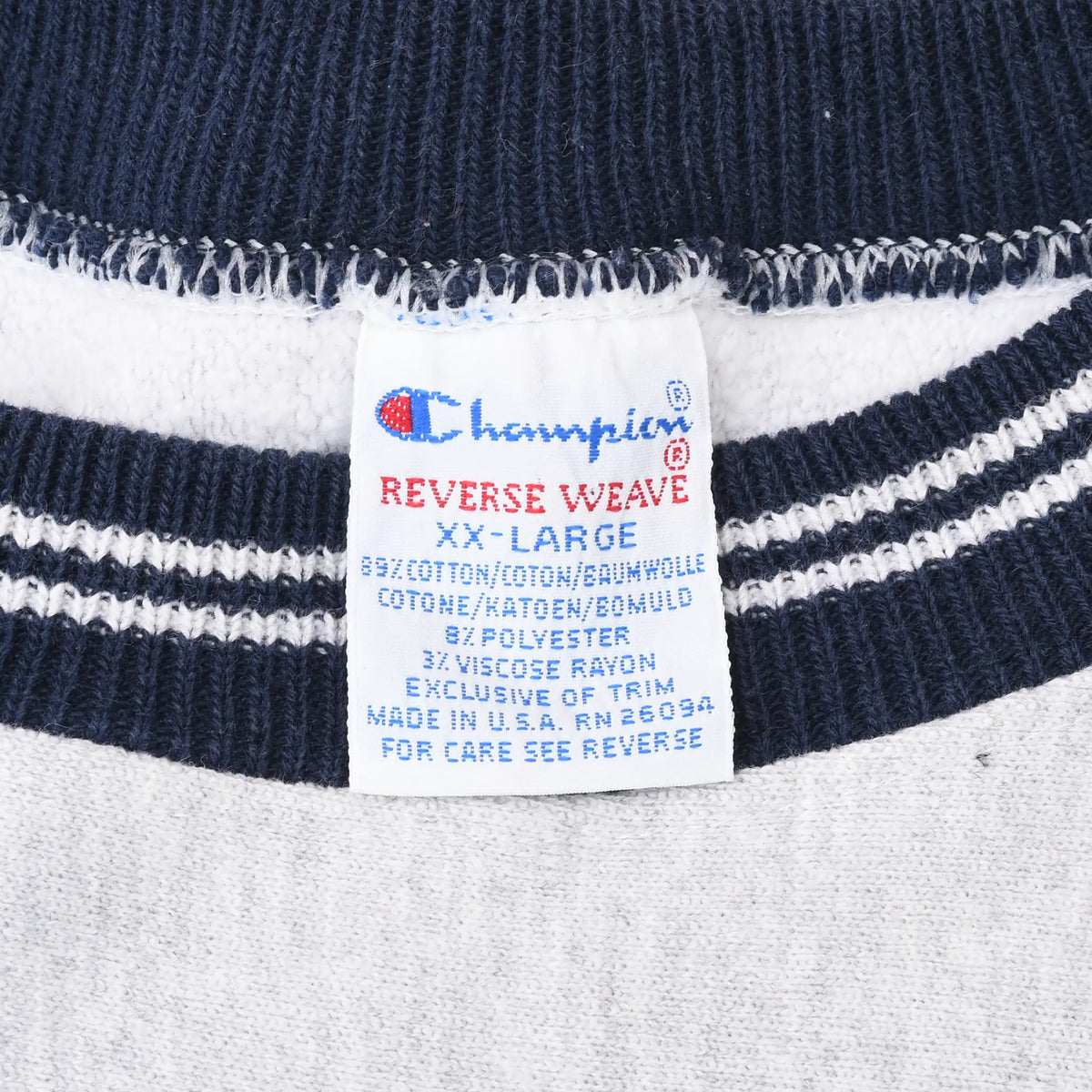 Champion Reverse Weave XL neck tag and navy striped collar detail