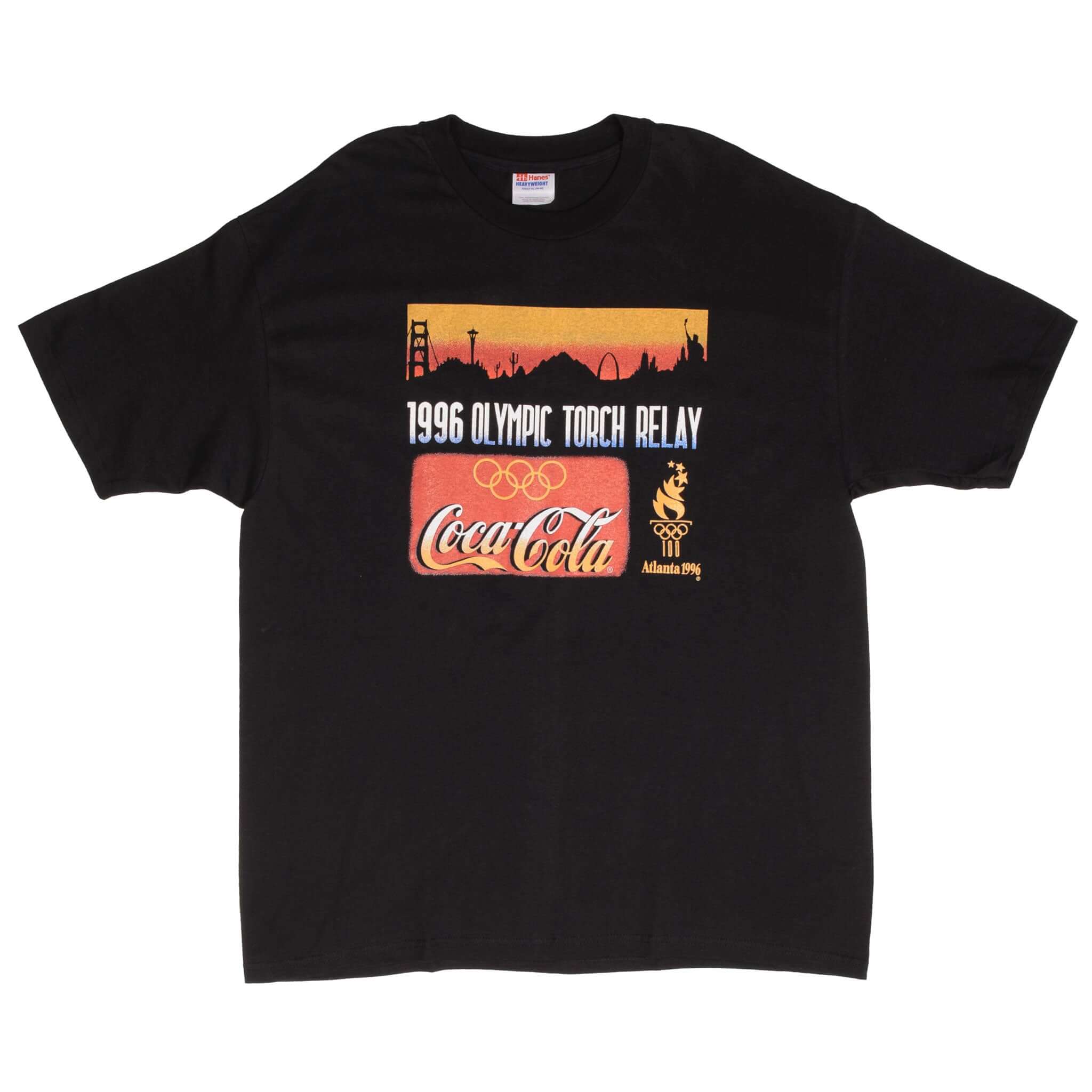 Full front of black Atlanta 1996 Olympic Torch Relay Coca-Cola T-shirt