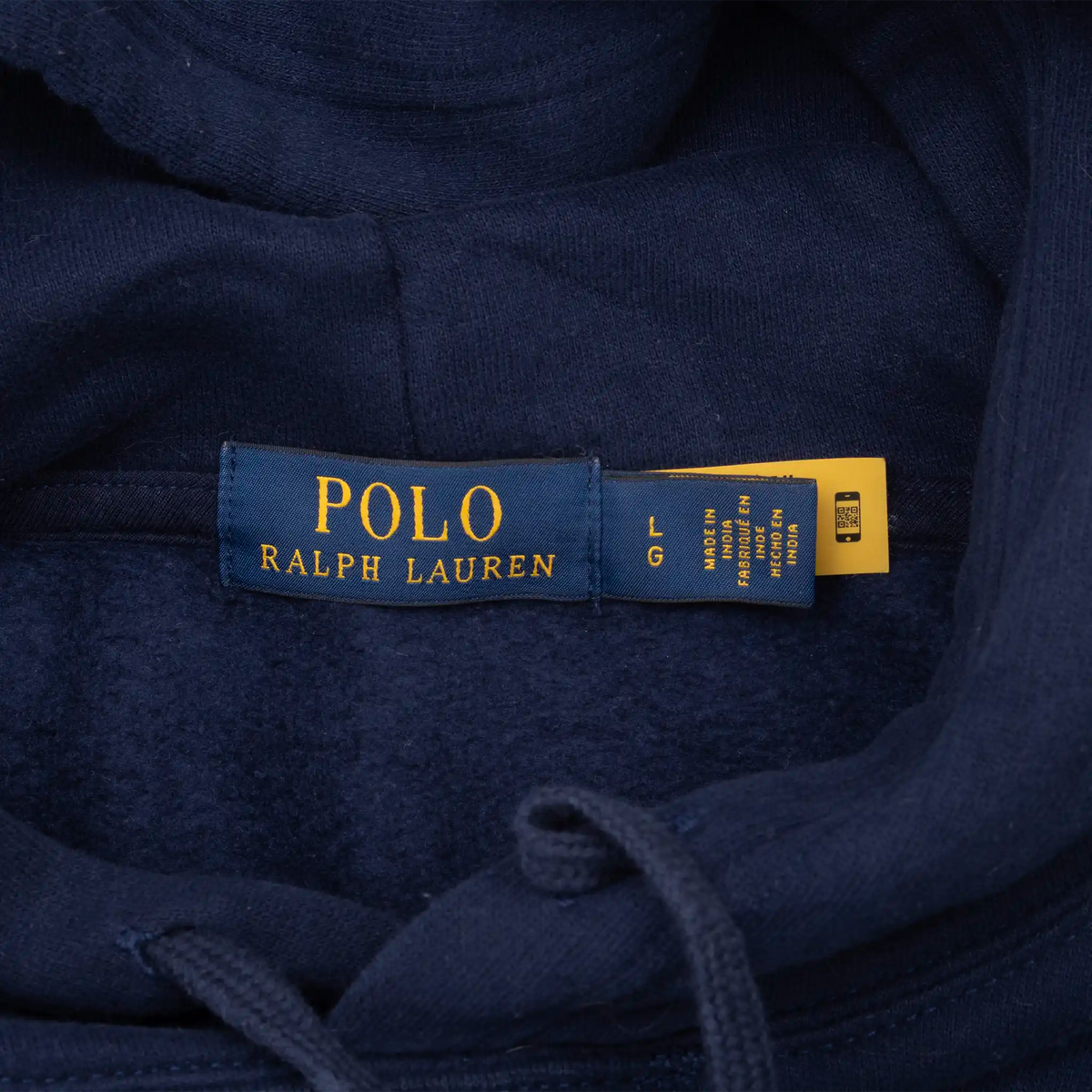 Polo Ralph Lauren size large neck label inside navy hoodie