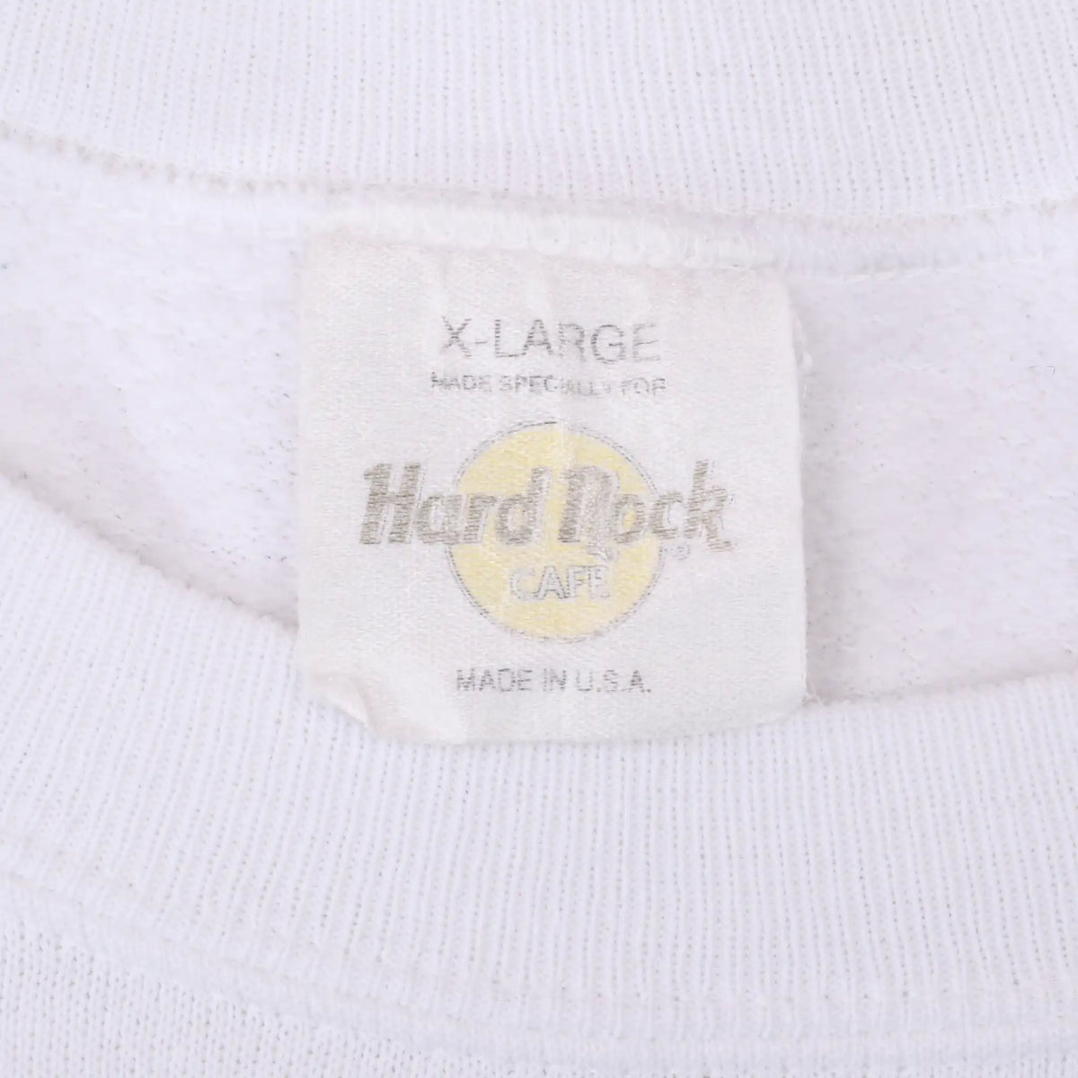 Hard Rock Cafe sweatshirt neck tag marked X-Large and Made in U.S.A.
