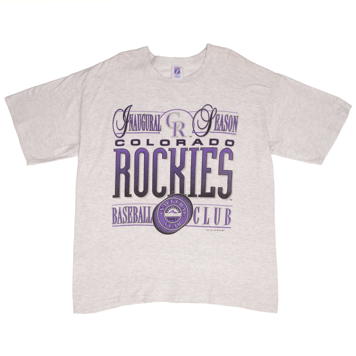 Full front of gray Colorado Rockies T-shirt with purple inaugural season graphic