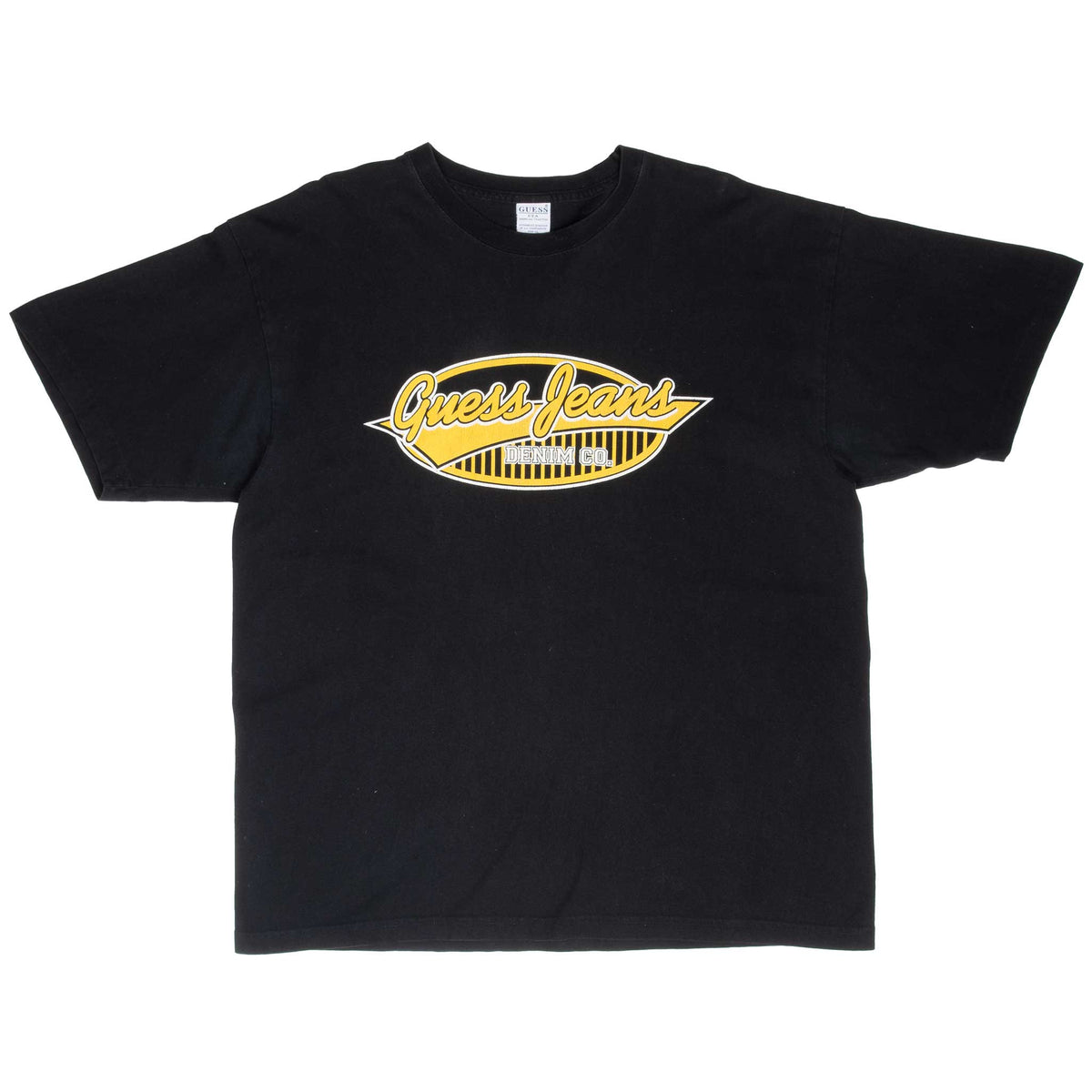 Full front view of black Guess Jeans T-shirt with yellow and white chest graphic