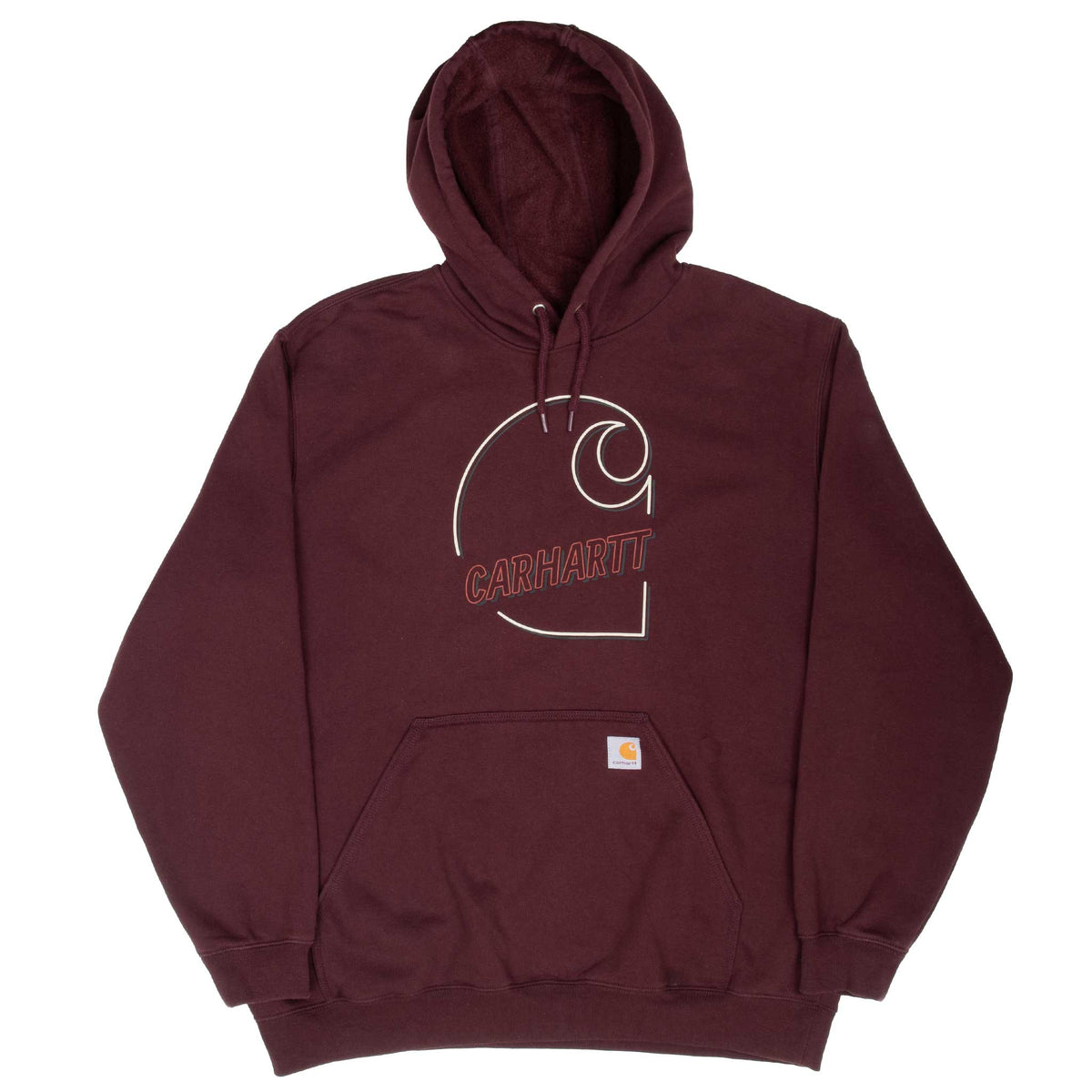 Front view of burgundy Carhartt pullover hoodie with outlined logo graphic
