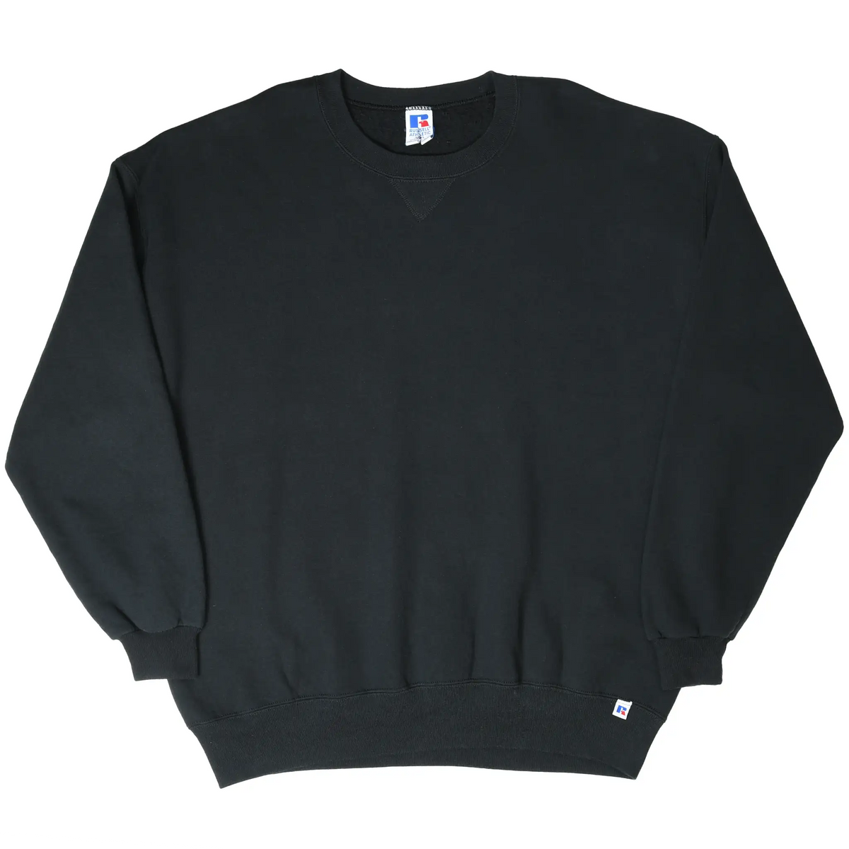 Full front view of black Russell Athletic blank crewneck sweatshirt