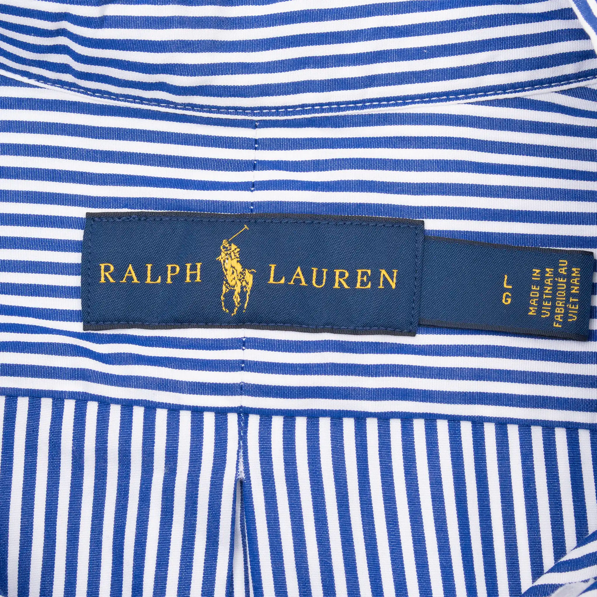 Ralph Lauren neck label and large size tag on blue striped shirt