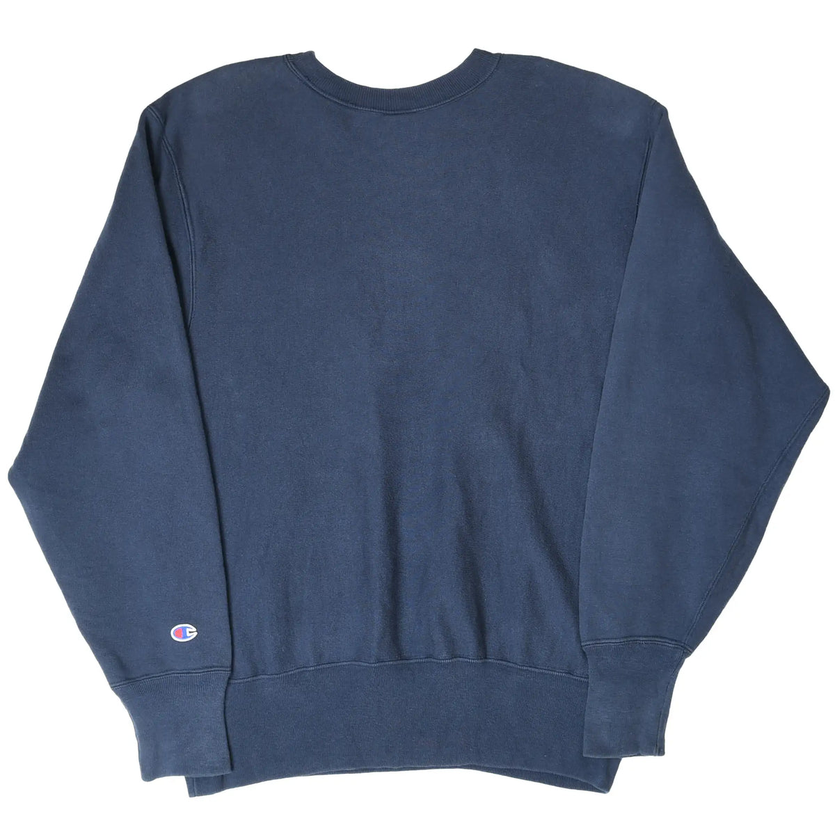 Back of navy Champion Reverse Weave sweatshirt with sleeve logo patch