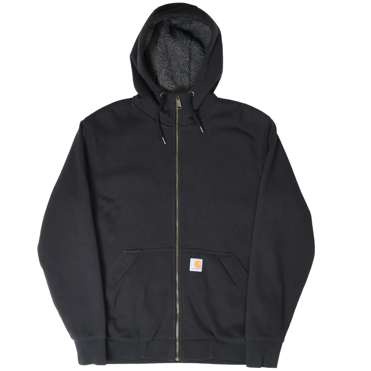 Full front view of black Carhartt sherpa-lined zip hoodie with hand pockets