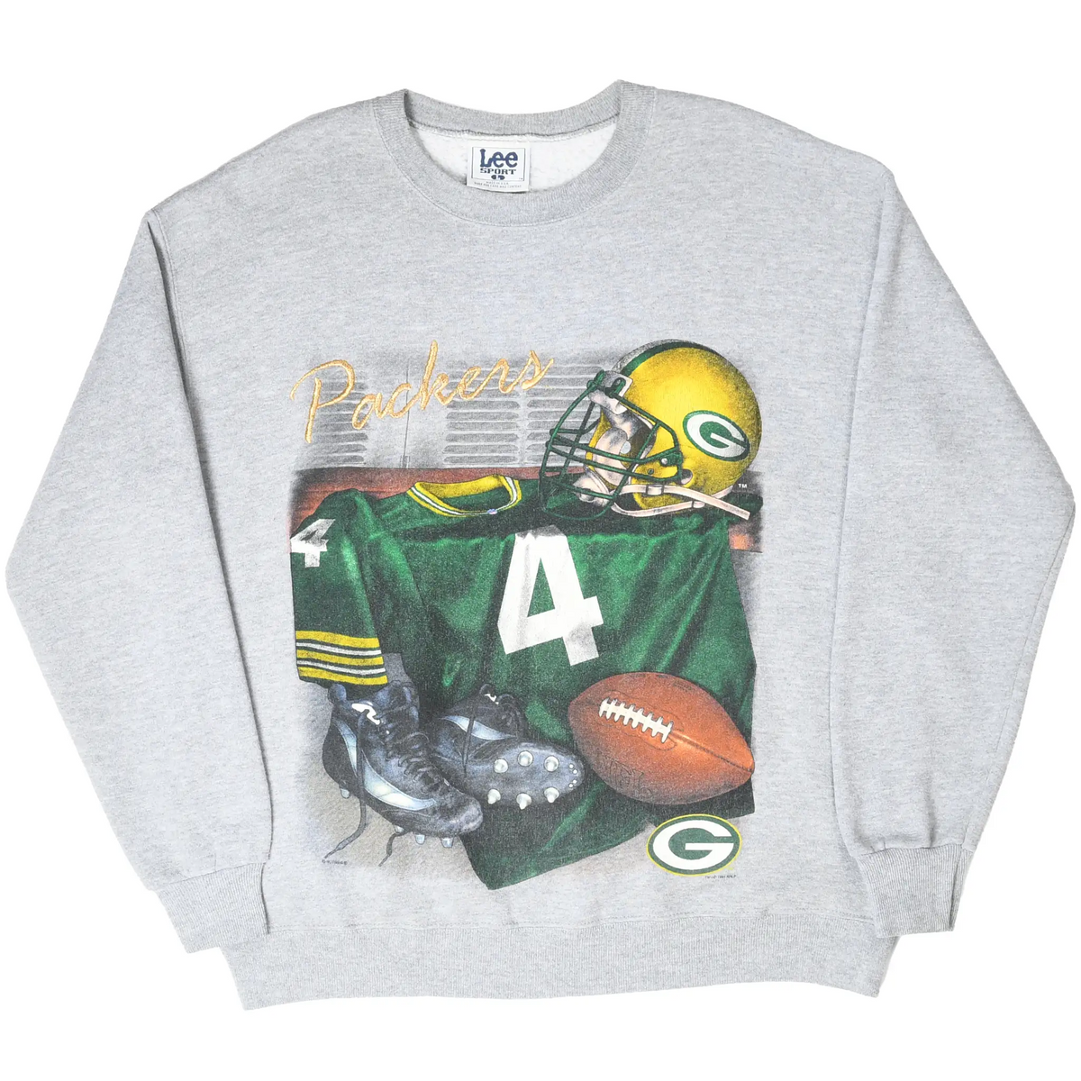 Full front view of gray Packers sweatshirt with green number 4 jersey and football gear graphic