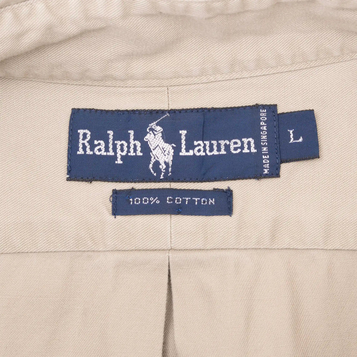 Ralph Lauren size L neck label and 100% cotton tag inside beige shirt