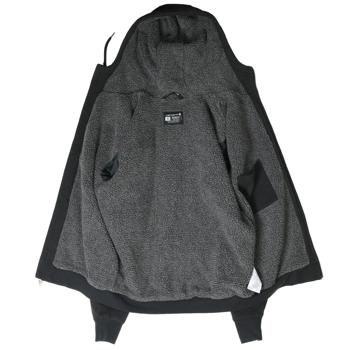 Open black Carhartt hoodie showing gray sherpa lining throughout the interior