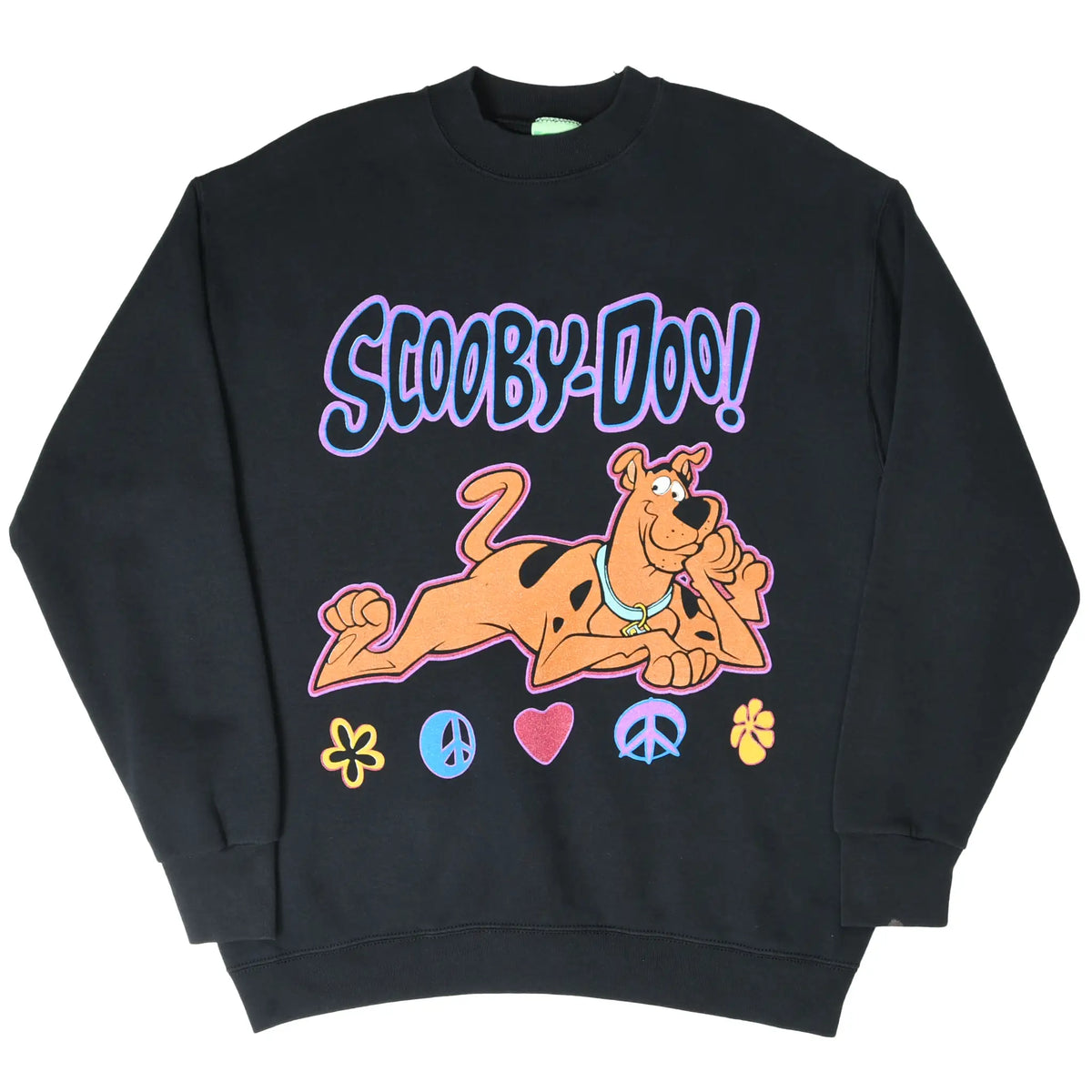 Full front view of black Scooby-Doo Peace & Love crewneck sweatshirt