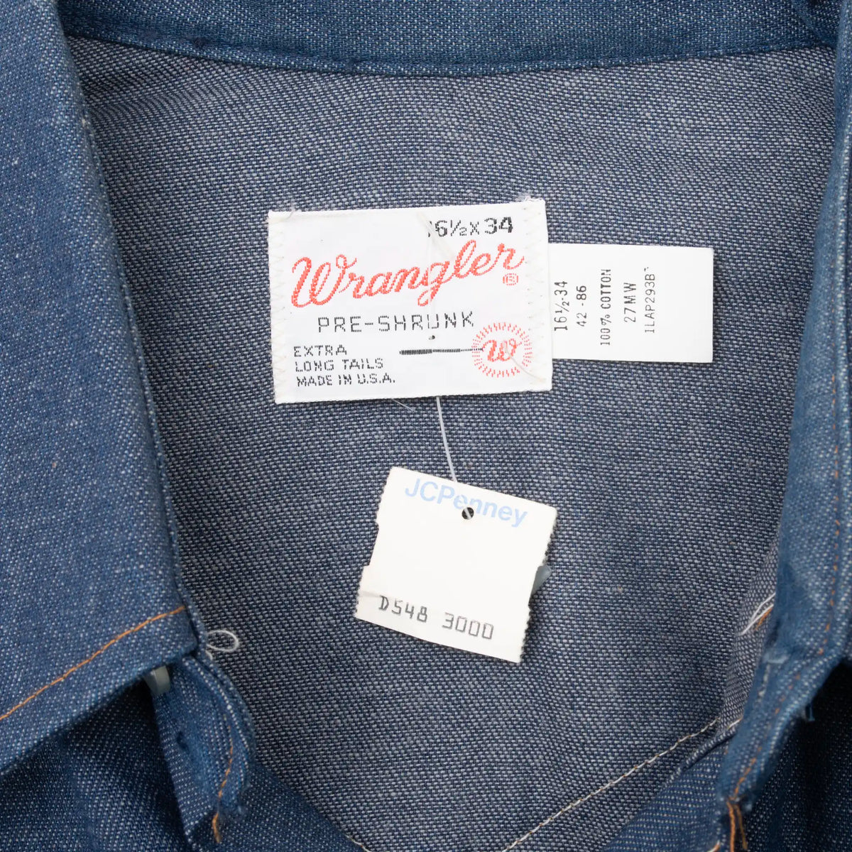 Wrangler collar label and JCPenney hang tag showing size 16 1/2 x 34