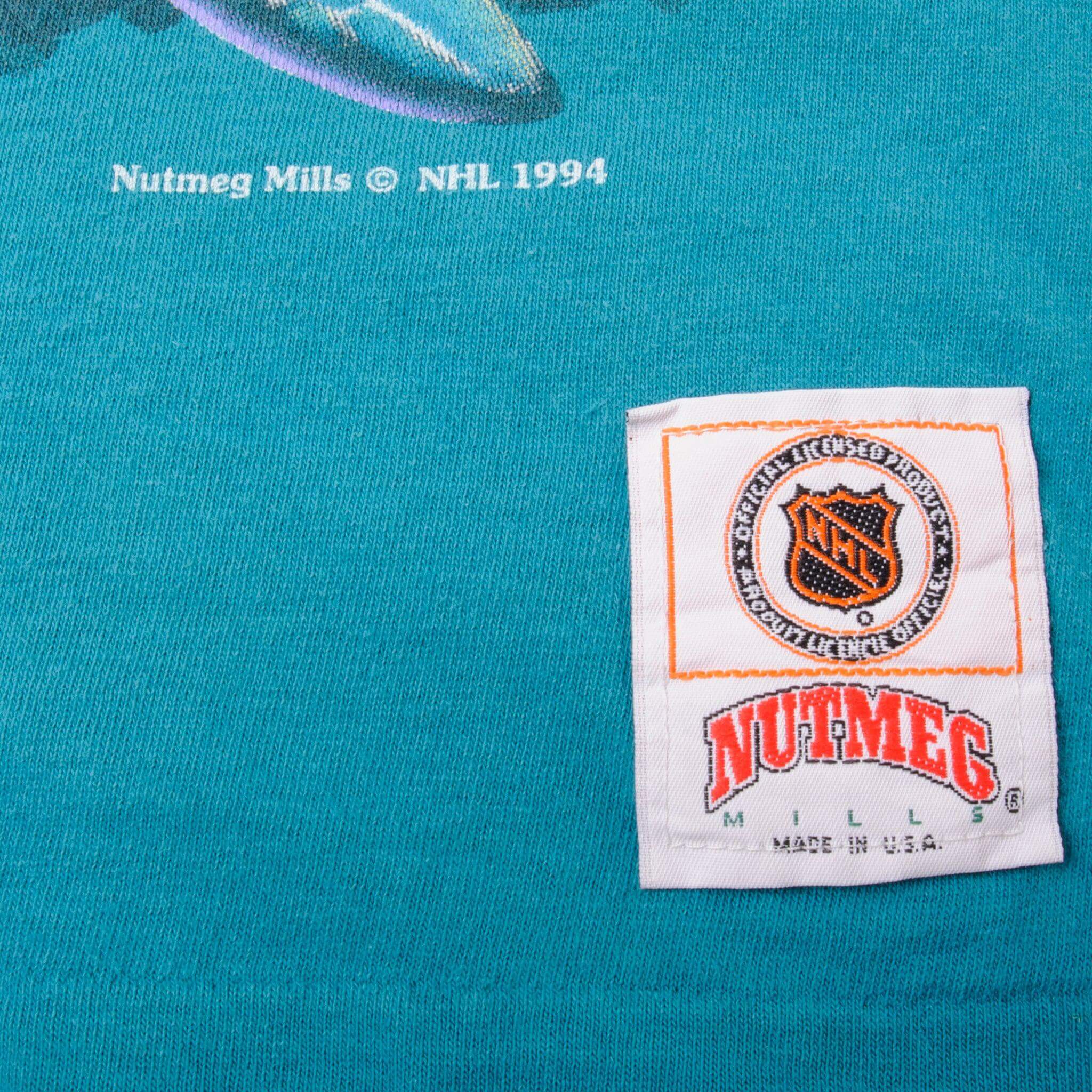 Vintage NHL San Jose Sharks Tee Shirt 1991 Size XL With Single Stitch Sleeves. Made In USA. Nugmeg Label.