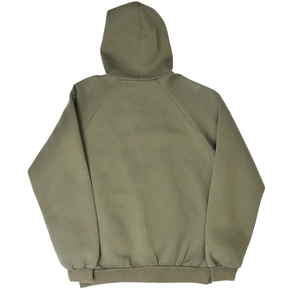 Back view of olive green Carhartt hoodie with raglan sleeves, hood, and ribbed hem