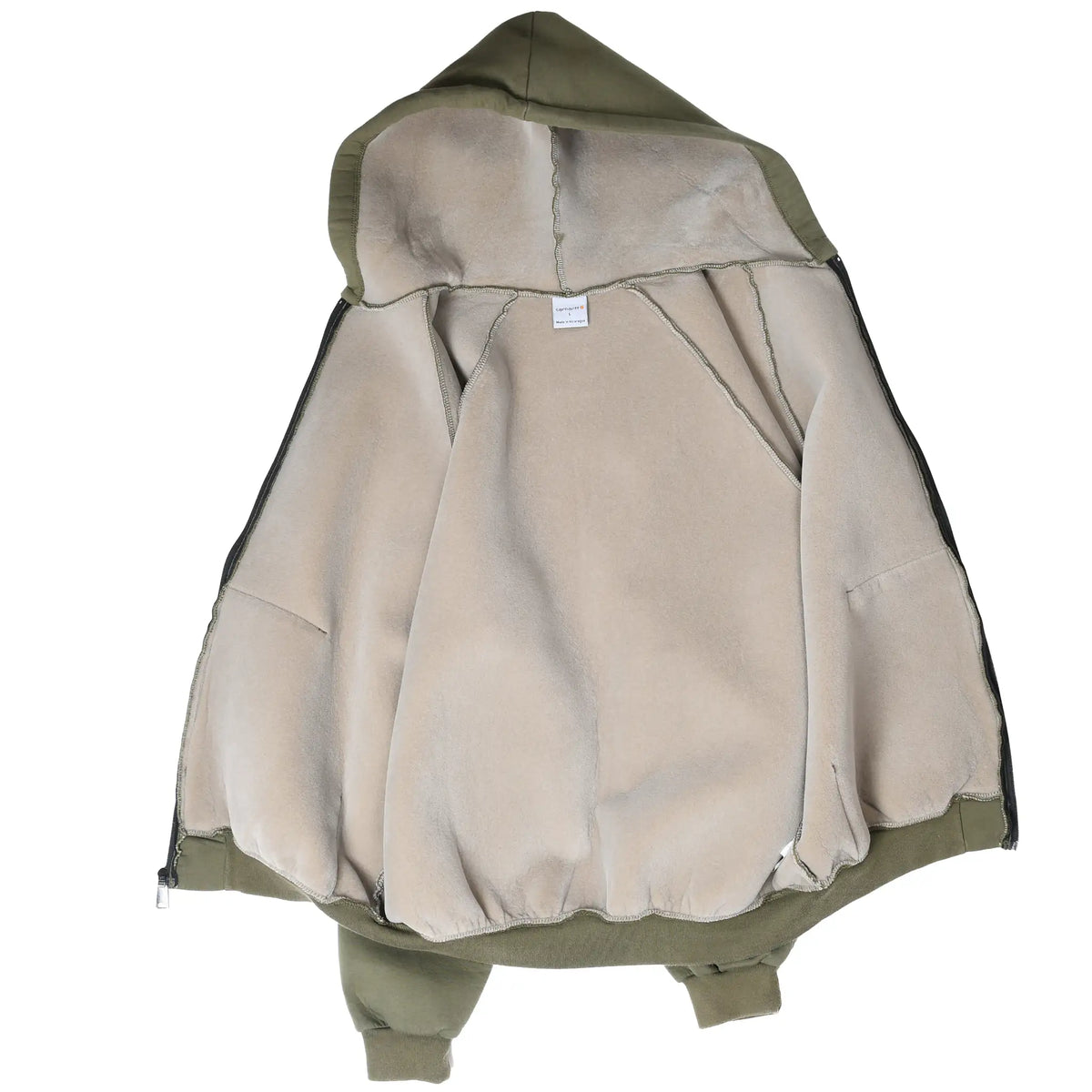 Inside view of olive green Carhartt hoodie showing beige fleece lining and exposed seams