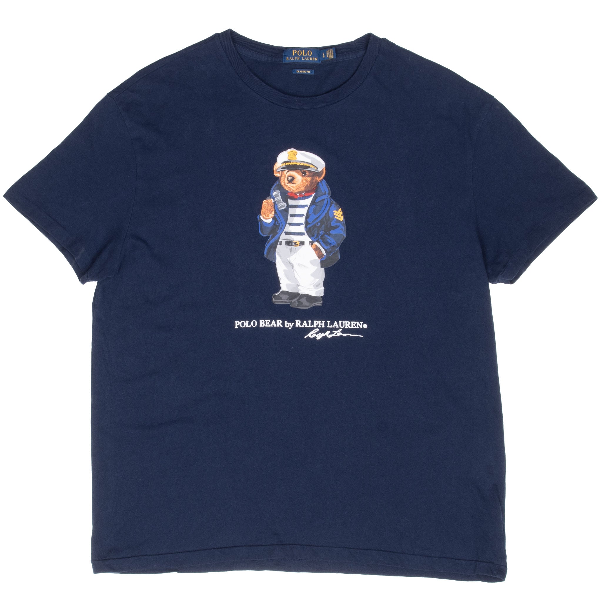 Vintage Ralph Lauren Polo Bear Captain Navy Blue Tee Shirt Large With Single Stitch Sleeves