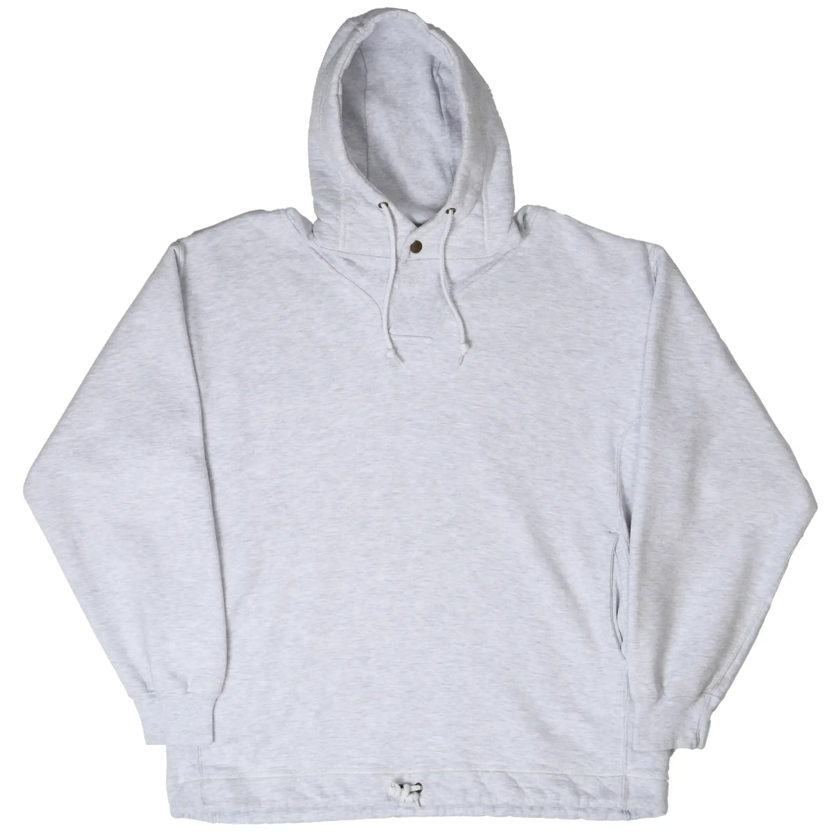 Front of gray Russell Athletic pullover hoodie showing a small hole near the drawcord hem
