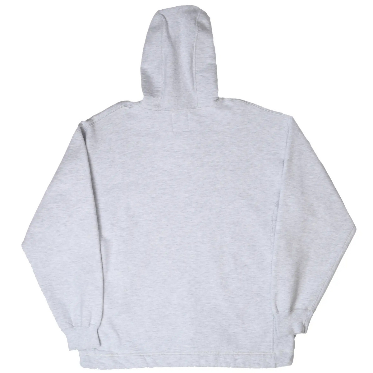 Back of gray Russell Athletic pullover hoodie with hood raised and long sleeves