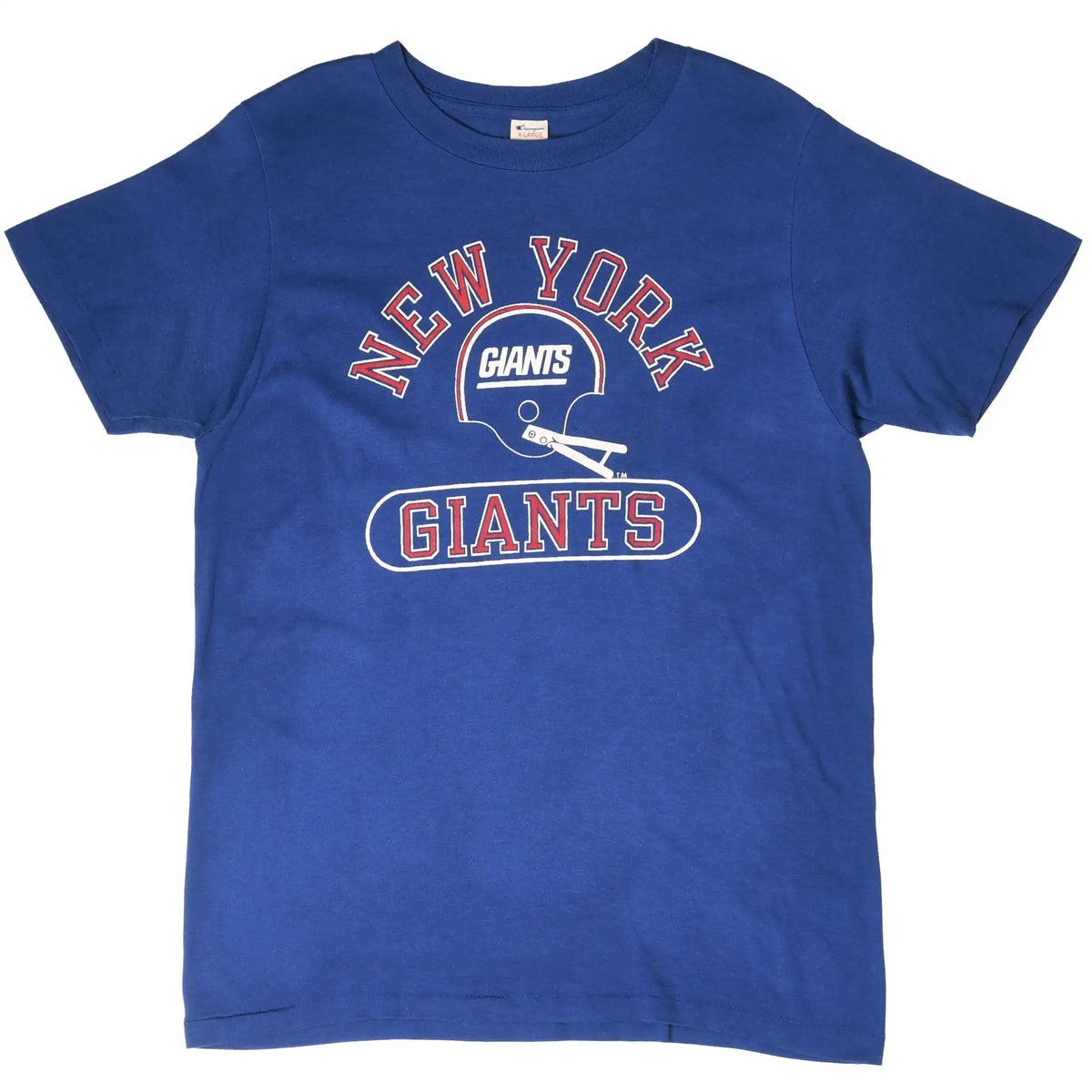 Full front of blue Champion New York Giants T-shirt with helmet graphic