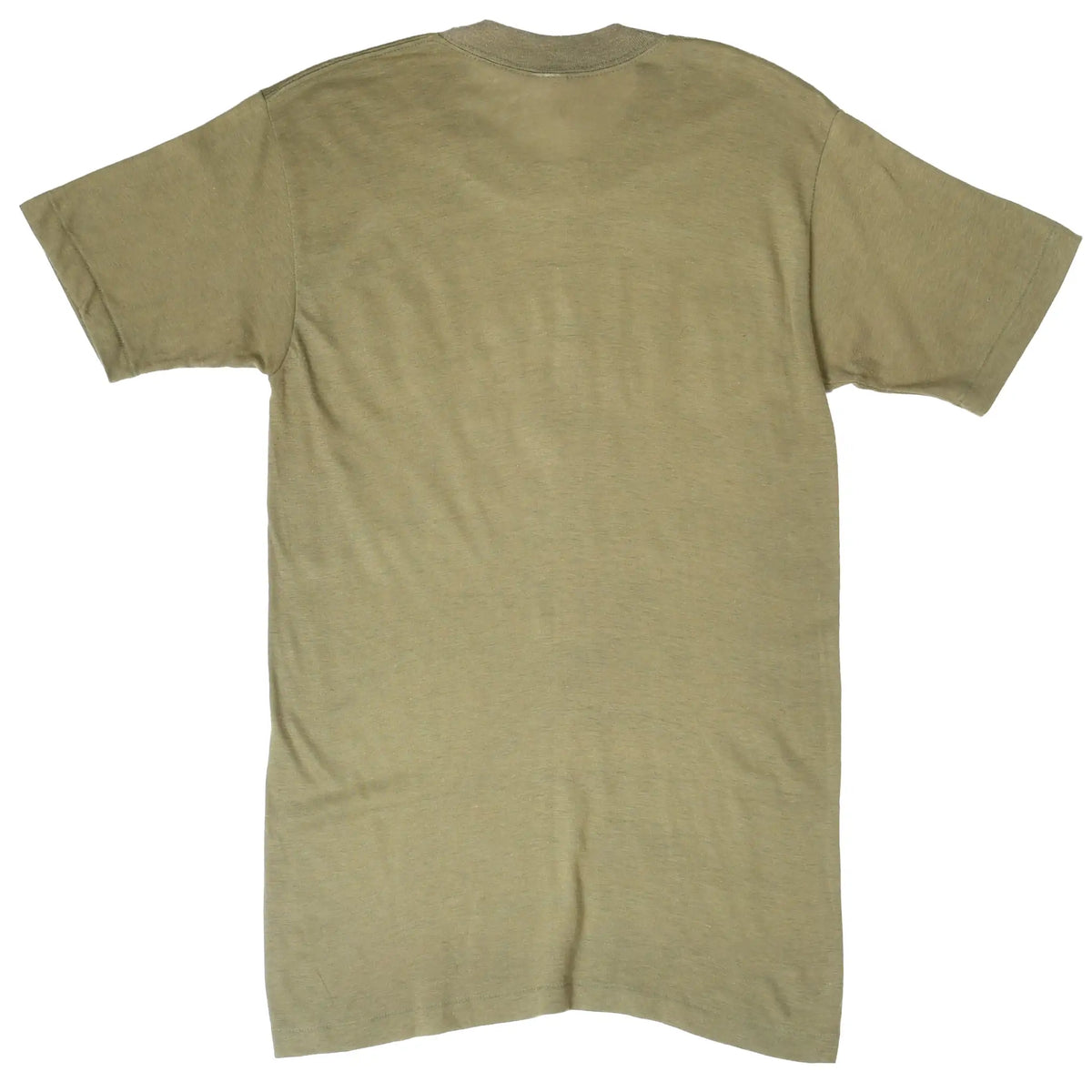 Back of plain olive green short-sleeve T-shirt