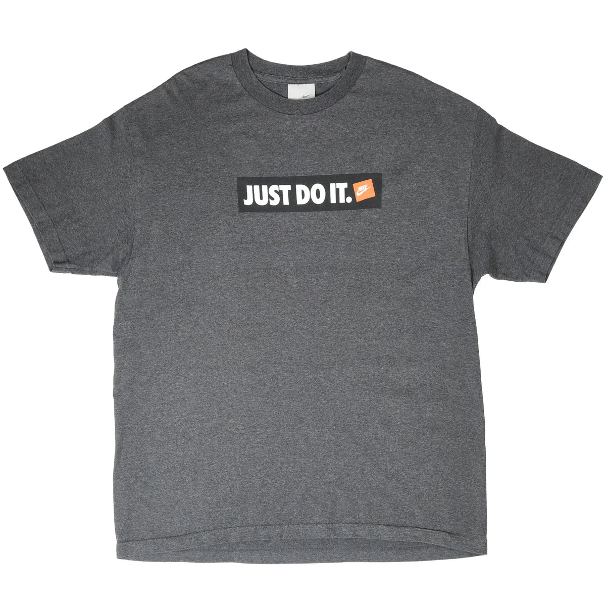 Full front view of dark gray Nike T-shirt with Just Do It graphic