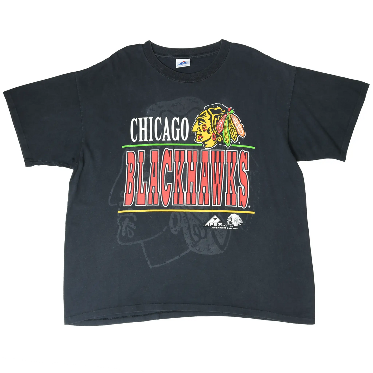 Full front view of black Chicago Blackhawks crewneck T-shirt with team logo and red lettering