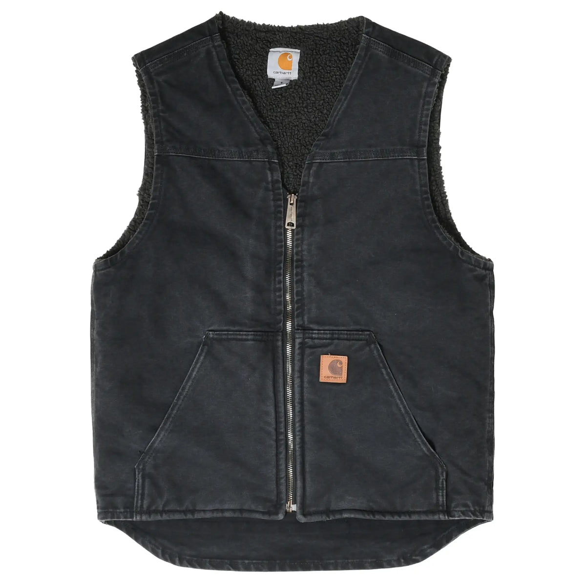 Front of faded black Carhartt sherpa-lined vest with full zipper