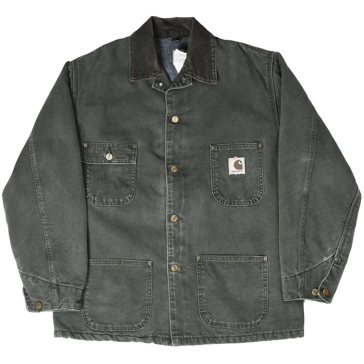 Full front view of dark moss green Carhartt Michigan chore jacket with button closure