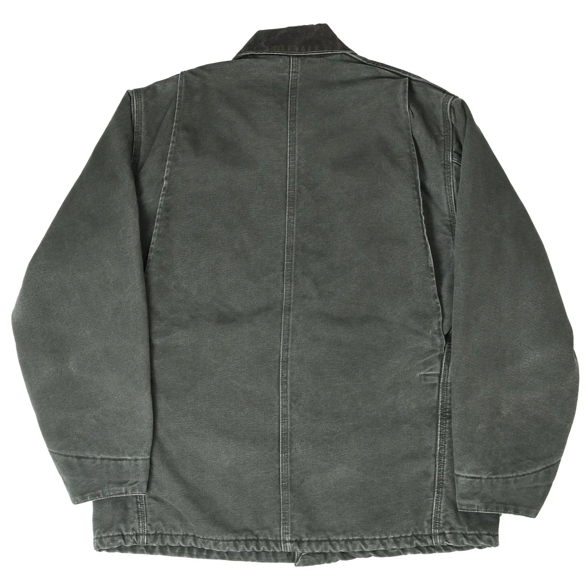 Back of dark moss green Carhartt Michigan chore jacket with center seam and corduroy collar