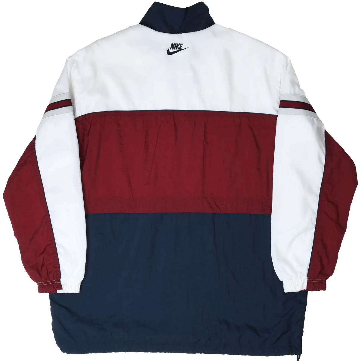 Back of Nike windbreaker jacket with white, burgundy and navy color blocking