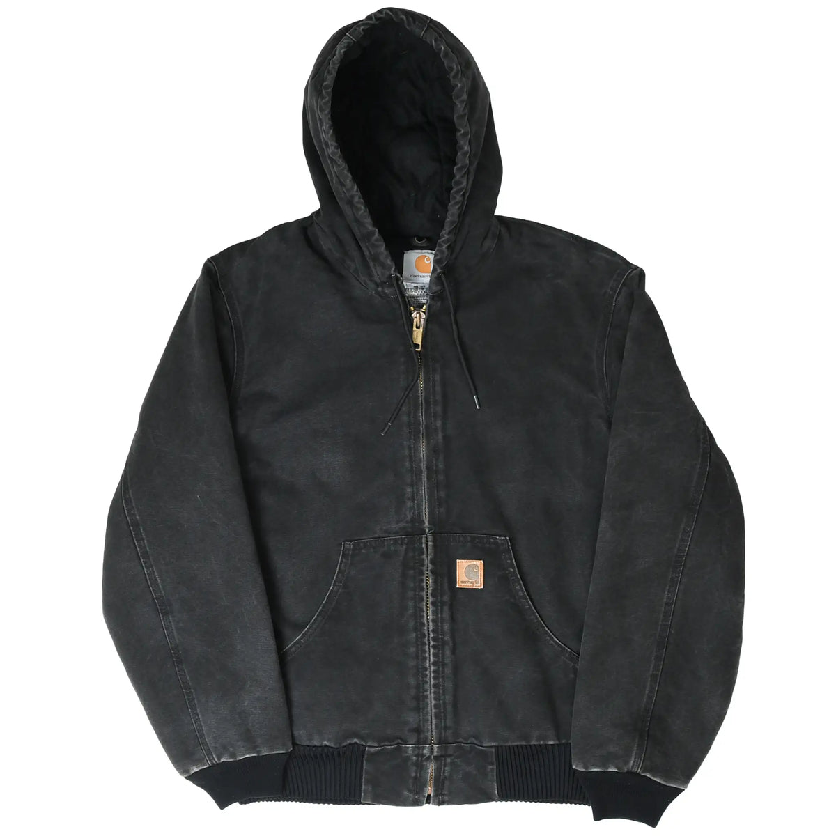 Front view of black Carhartt J130 hooded active jacket with logo patch on pocket