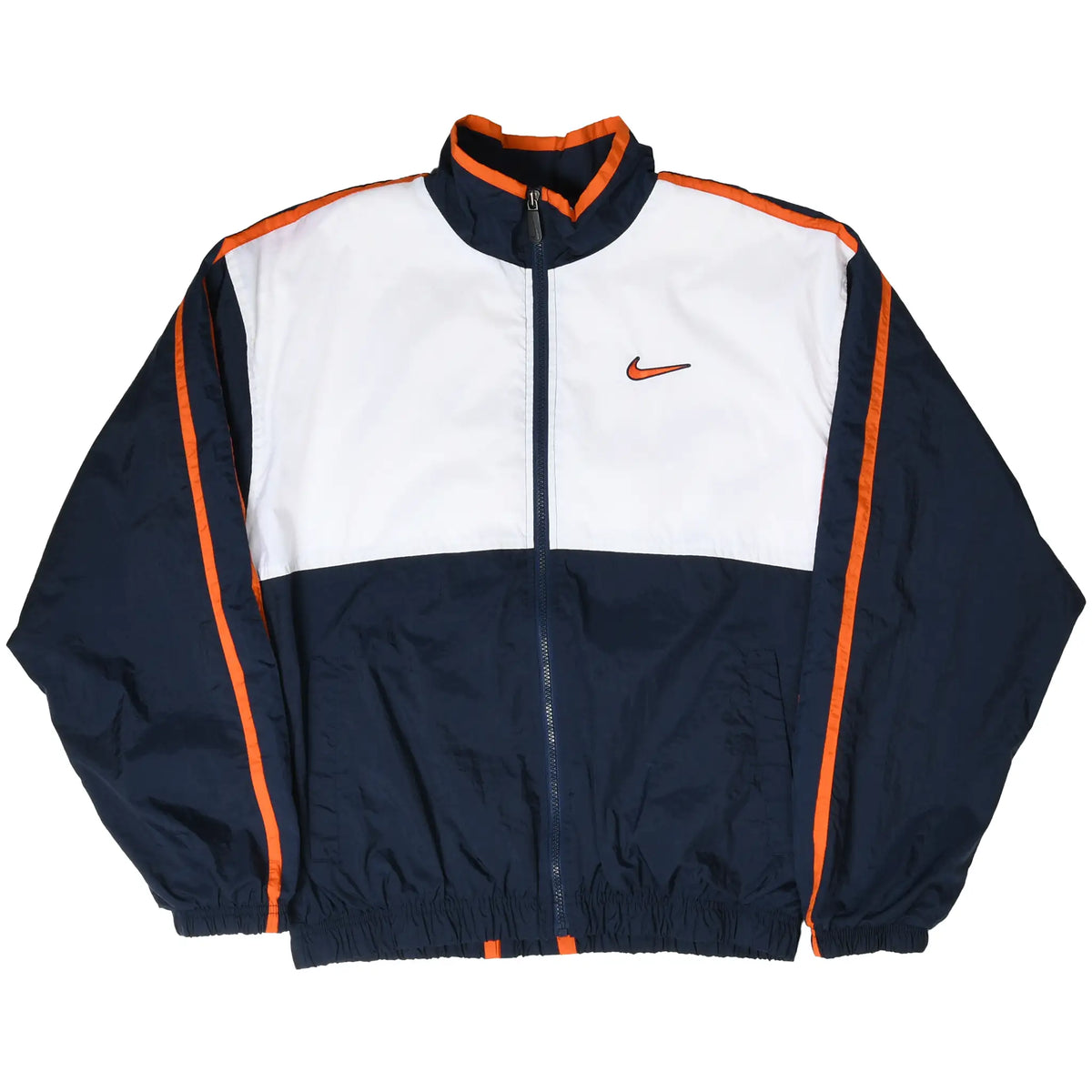 Full front of navy, white and orange Nike zip-up windbreaker with elastic cuffs and hem