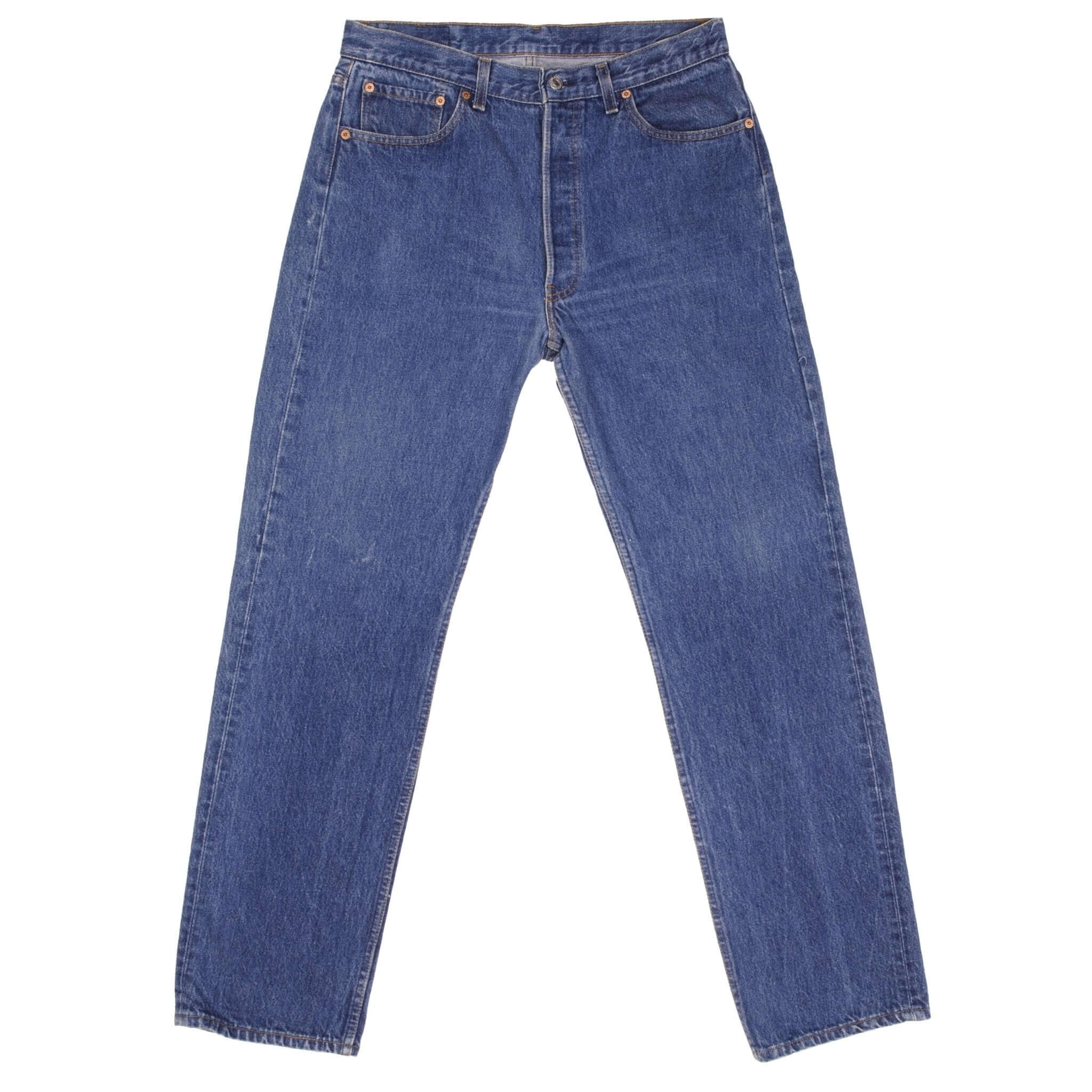 Beautiful Indigo Levis 501 Jeans Made in USA with a medium blue wash Size on Tag 34X32 Actual Size 33X32 Back Button #544