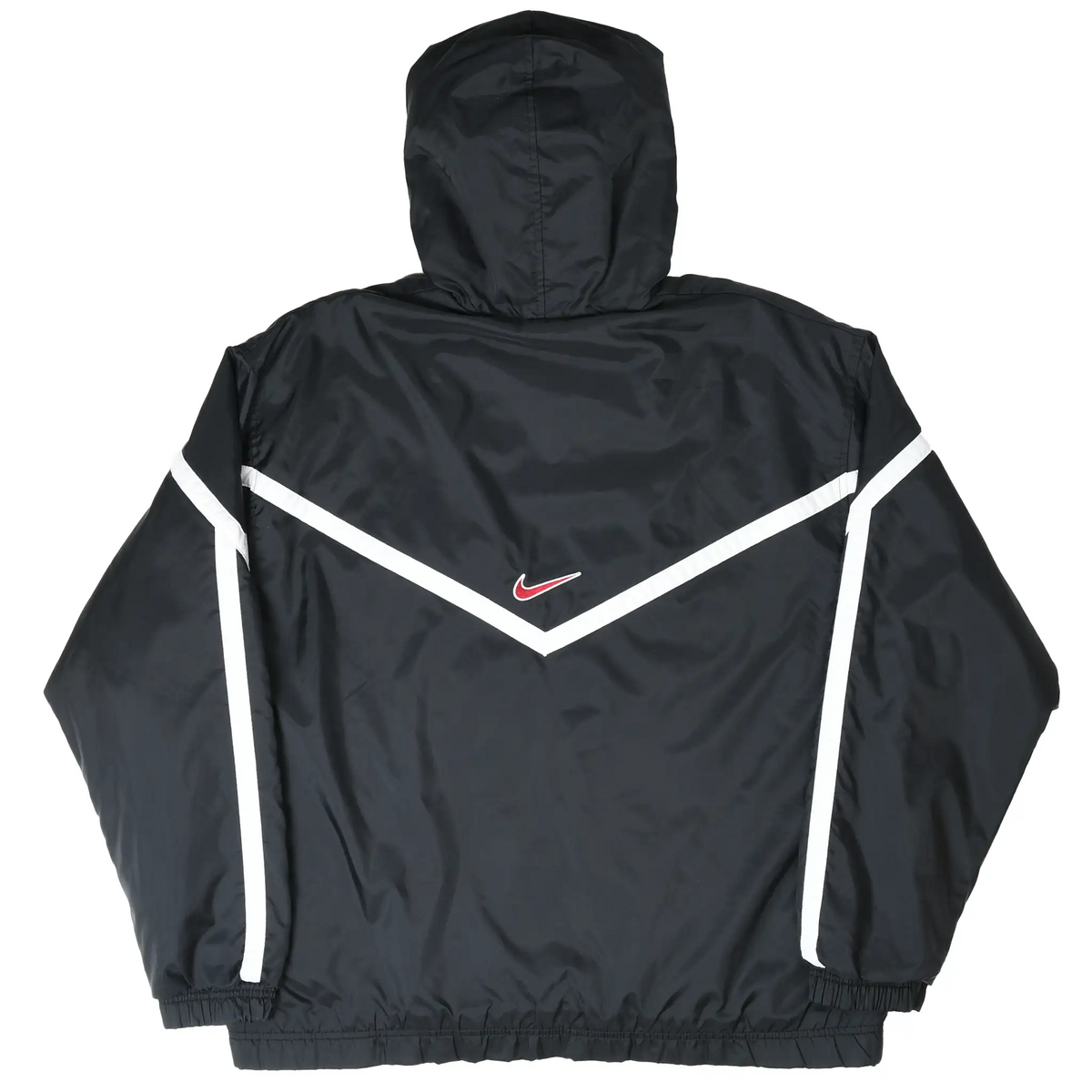Back of black Nike hooded windbreaker with white chevron stripes and embroidered Swoosh