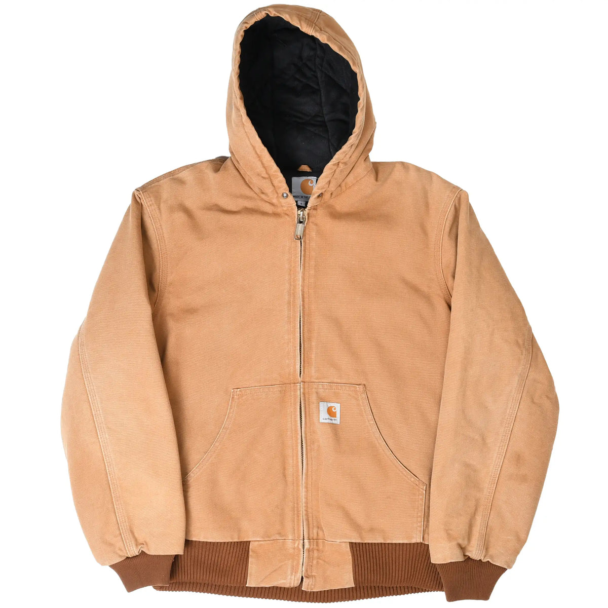 Front of brown Carhartt J140 hooded active jacket with ribbed cuffs and hem