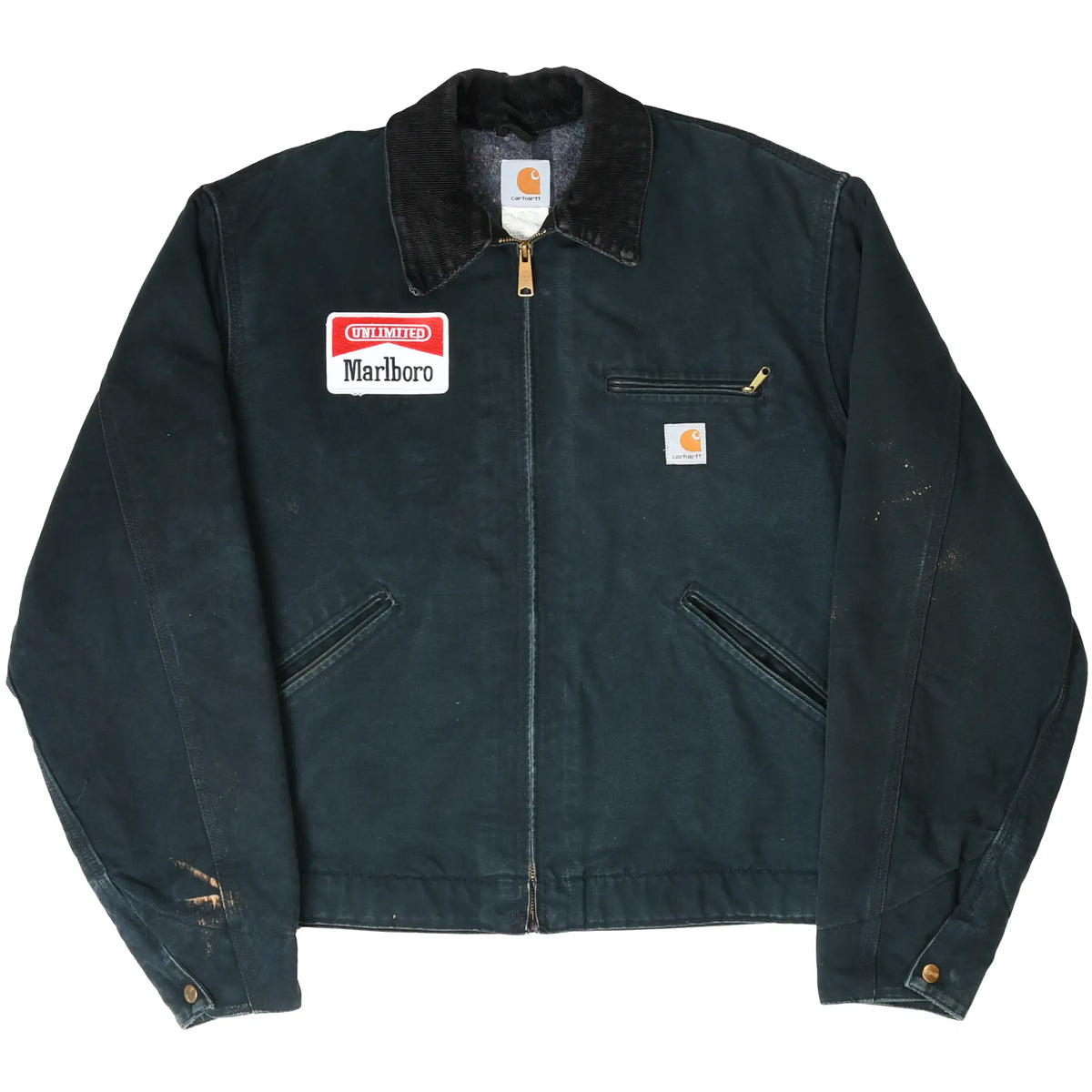 Full front of black Carhartt Detroit jacket with Marlboro chest patch and corduroy collar