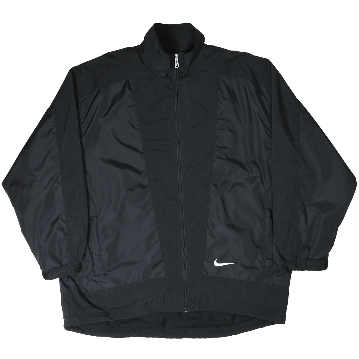 Front of black Nike windbreaker jacket laid flat with sleeves extended