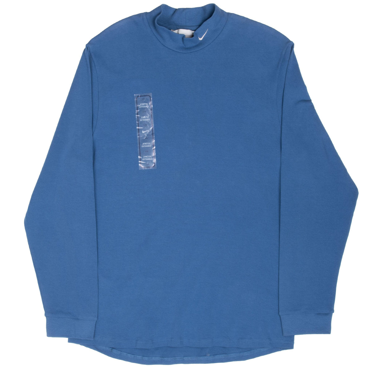 Front of blue Nike long-sleeve turtleneck shirt showing ribbed cuffs and curved hem