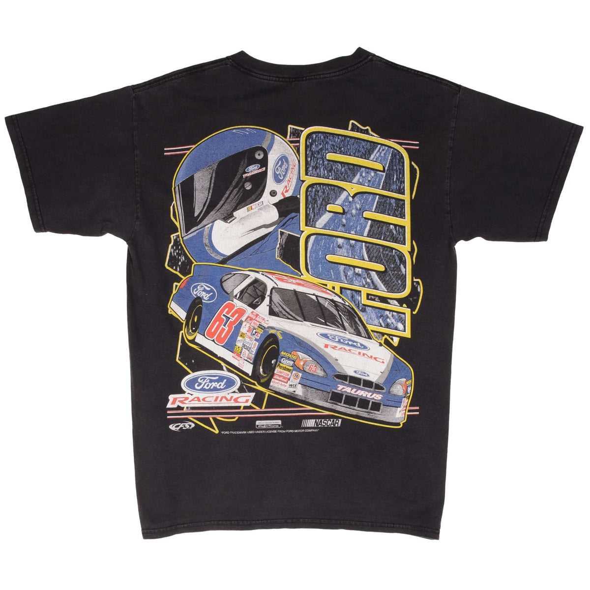 Full back of black NASCAR Ford Racing T-shirt with number 63 Ford Taurus and driver graphic