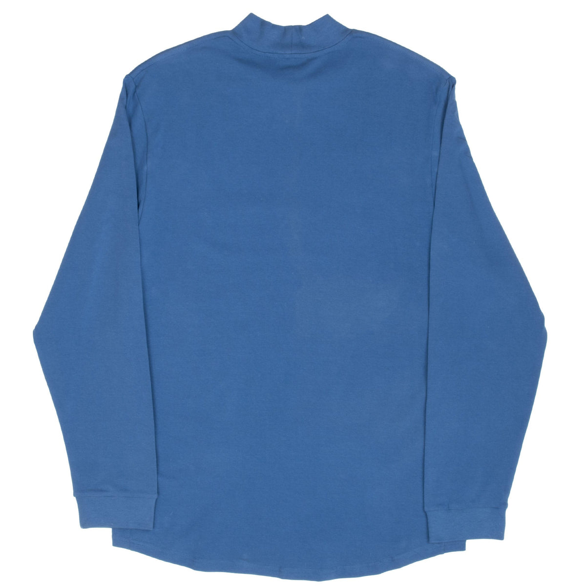 Back of blue Nike long-sleeve turtleneck shirt with ribbed cuffs and curved hem