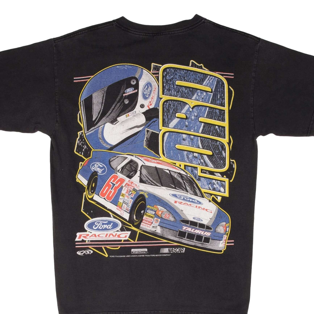 Back of black NASCAR Ford Racing T-shirt with helmeted driver, number 63 and Ford Taurus graphic
