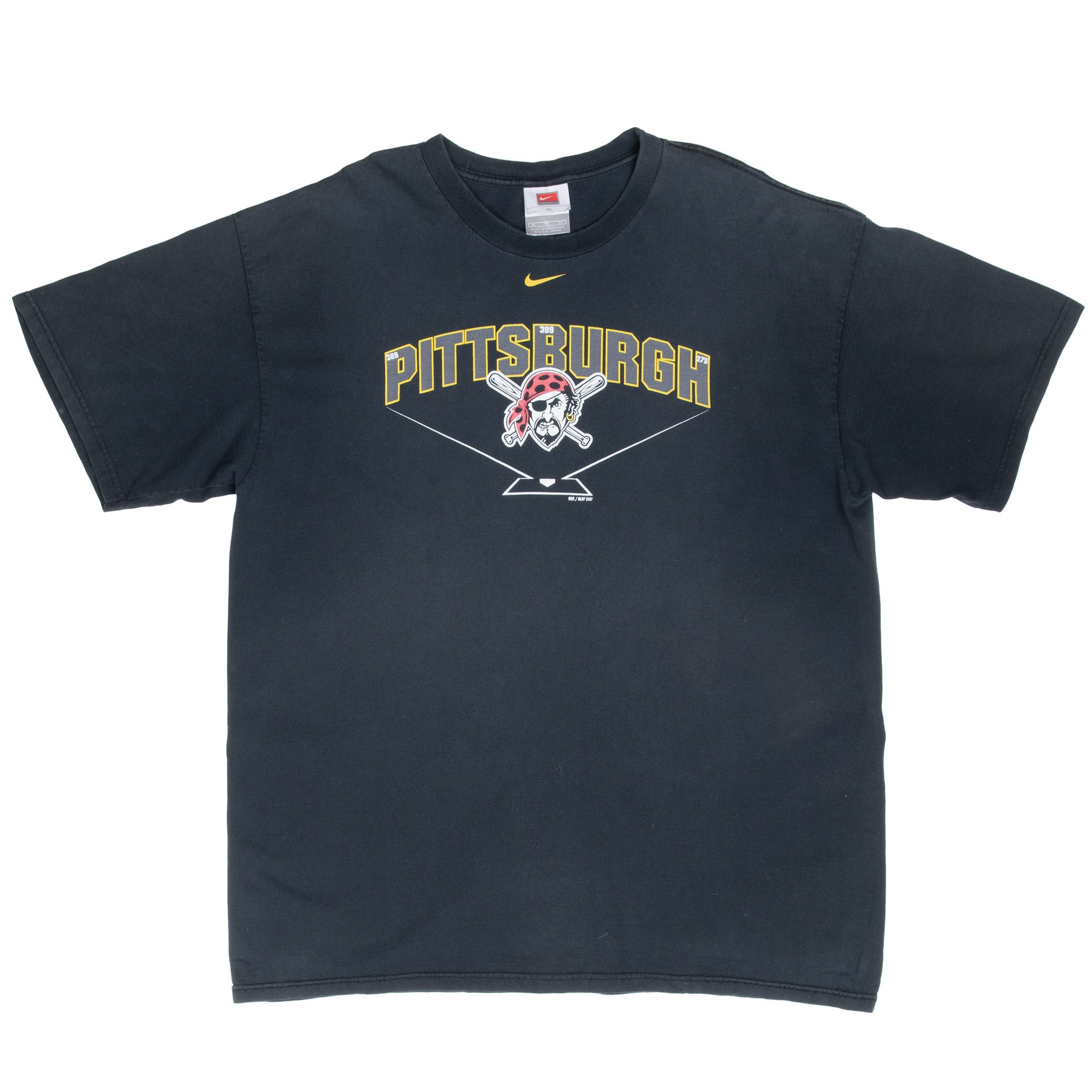 Full front view of black Nike Pittsburgh Pirates short-sleeve T-shirt