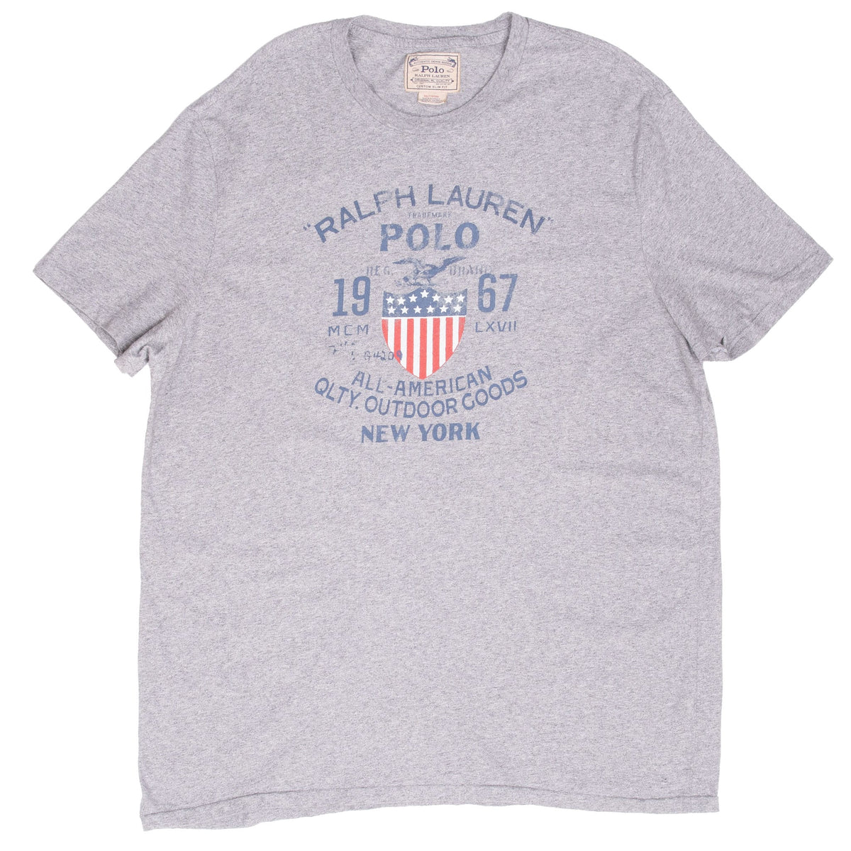Grey Ralph Lauren Polo T-shirt front with blue, red and white shield print